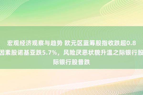 宏观经济观察与趋势 欧元区蓝筹股指收跌超0.8%，因素股诺基亚跌5.7%，风险厌恶状貌升温之际银行股普跌