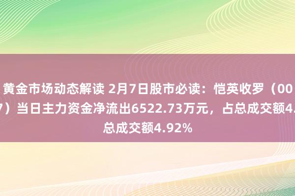 黄金市场动态解读 2月7日股市必读：恺英收罗（002517）当日主力资金净流出6522.73万元，占总成交额4.92%