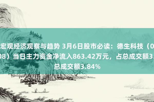 宏观经济观察与趋势 3月6日股市必读：德生科技（002908）当日主力资金净流入863.42万元，占总成交额3.84%